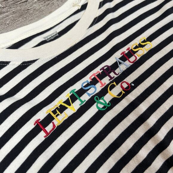 Vintage Levi’s Striped Long Sleeve Tee Rainbow Logo Embroidery Large Black 90s - Picture 2 of 7